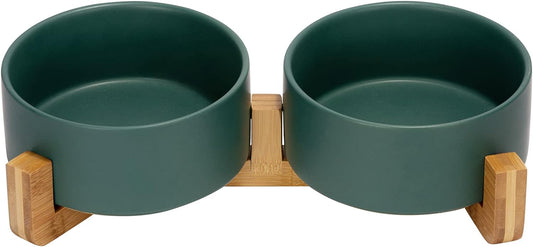SPUNKYJUNKY Ceramic Dog and Cat Bowl Set with Wooden Stand, Modern Cute Weighted Food Water Set for Large Size Dogs (7.6 Cups, 2 × Green)