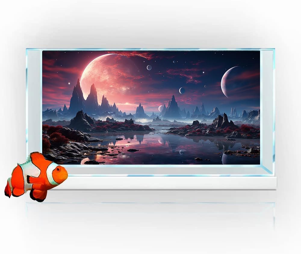 48X18IN Cosmic Spaceterrarium Background, Cool Parallel Space Themed Aquarium Reptile Habitat Background, Red Moon Aquarium Background with 10EVA Double-Sided Tape