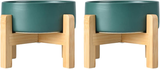 SPUNKYJUNKY Ceramic Elevated Dog Bowls 2 Pack - 6.1inch Raised Dog Bowls with Non-Slip Wooden Stand for Medium Dogs Dishwasher Safe(Green,28.7OZ*2)
