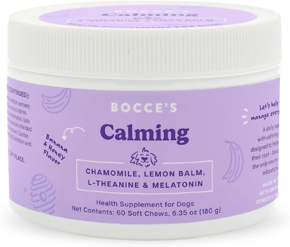 Bocce's Bakery Calming Supplement for Dogs, Daily Chews Made in The USA with Chamomile, Lemon Balm, L-Theanine & Melatonin, Supports Stress, Peanut Butter & Honey, 60 ct