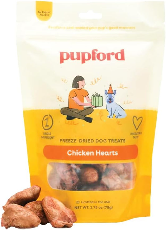Pupford Freeze Dried Chicken Hearts Treat for Dogs & Puppies - Healthy, Natural, Single Ingredient Dog Treats - Made in USA (2.75 oz)