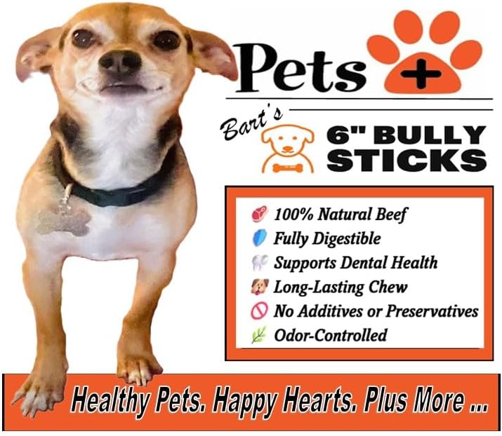 Pets Plus Premium Bart's Bully Sticks for Dogs – 6 Inch, Medium Size, All-Natural, Long-Lasting Chews for Moderate Chewers – High Protein, Low Odor, Grain-Free (15-Pack)