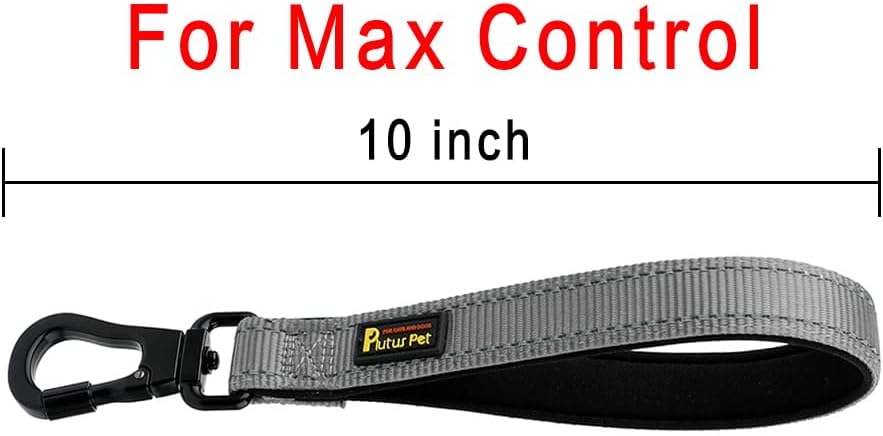 PLUTUS PET Short Dog Leash, Reflective Nylon Padded Handle, Strong Traffic Leash with Carabiner Clip, Perfect for Large or Medium Dogs (10”，Gray)