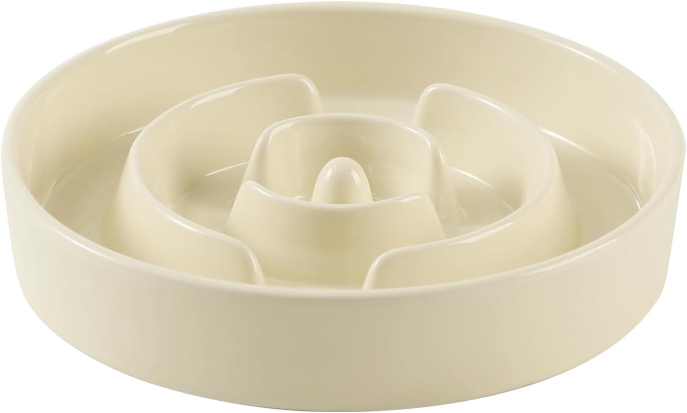 7.3inch Ceramic Slow Feeder Dog Bowl for Medium and Large Breed, Puzzle Dog Food Dish, Anti-Gulping, Pet Slow Feeder, Stop Bloat, Preventing Choking (Single Bowl-Beige)