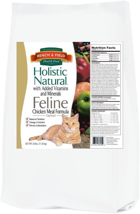 Bench & Field Holistic Natural Premium Adult Dry Cat Food, Chicken Meal and Brown Rice Recipe 25 lb Bag (Pack of 1)