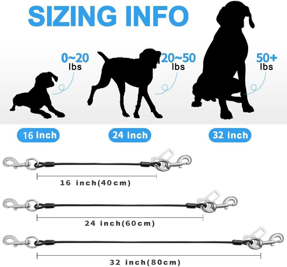 Dog Seat Belt Harness for Car,2pcs Dog Seatbelt of Coated Wire Leash Safety Restraint,No Chew Tether Cable Vehicle Dogs Accessories,Double Clips & Latch (2 Pack Black, 32 inch/80 CM)