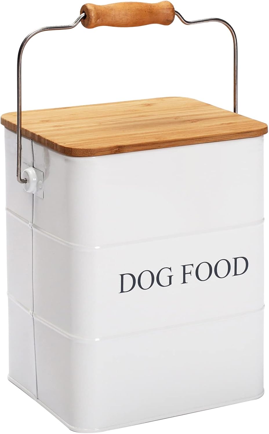 Dog Food storage container Dog Treats Jar,5~6 lb Metal food treats tin for Dog, pet snacks Canisters with wooden lid/handle/sevice scoop-White
