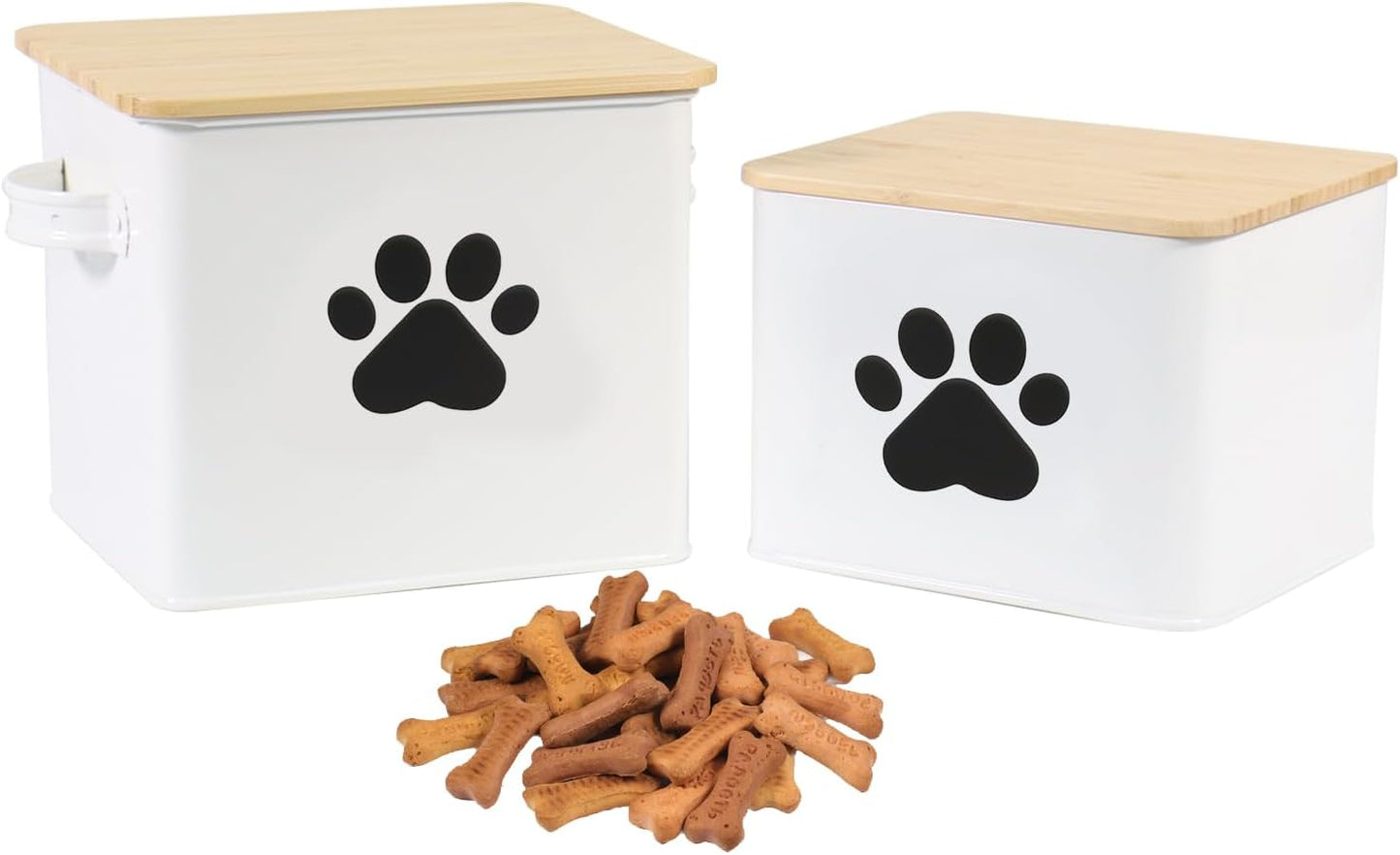 Set of 2 Airtight Dog Treat Container -10lb Metal Dog Food Canister -Dog Treat Jars for Kitchen Counter with Bamboo Lids-Pet Puppy Food Bin with Food Scoop- Doggie Cookie Jar-White