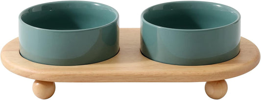 Ceramic Elevated Cat Food and Water Bowl, Kitty Bowl, Raised Cat Dish, Pet Feeder (5.1 in, 2 x Dark Green + Stand)