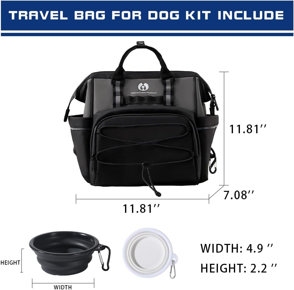 Dog Travel Bag, Airline Approved Pet Supplies Backpack, Dog Travel Backpack Accessories Set with 2 Silicone Collapsible Bowls and 1 Leash Clip for Camping, Road Trips & Weekends Away（Black）