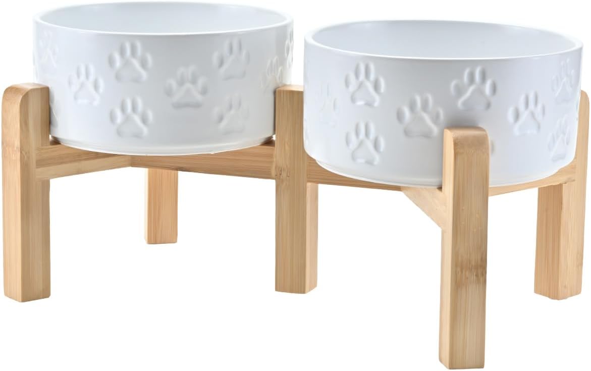 SPUNKYJUNKY Elevated Dog Bowls Ceramic, 6.1'' Dogs and Cat Food Water Bowls Raised with Non-Slip Bamboo Stand for Medium Sized Breed Microwave Dishwasher Safe - 28.7 OZ,Paw White