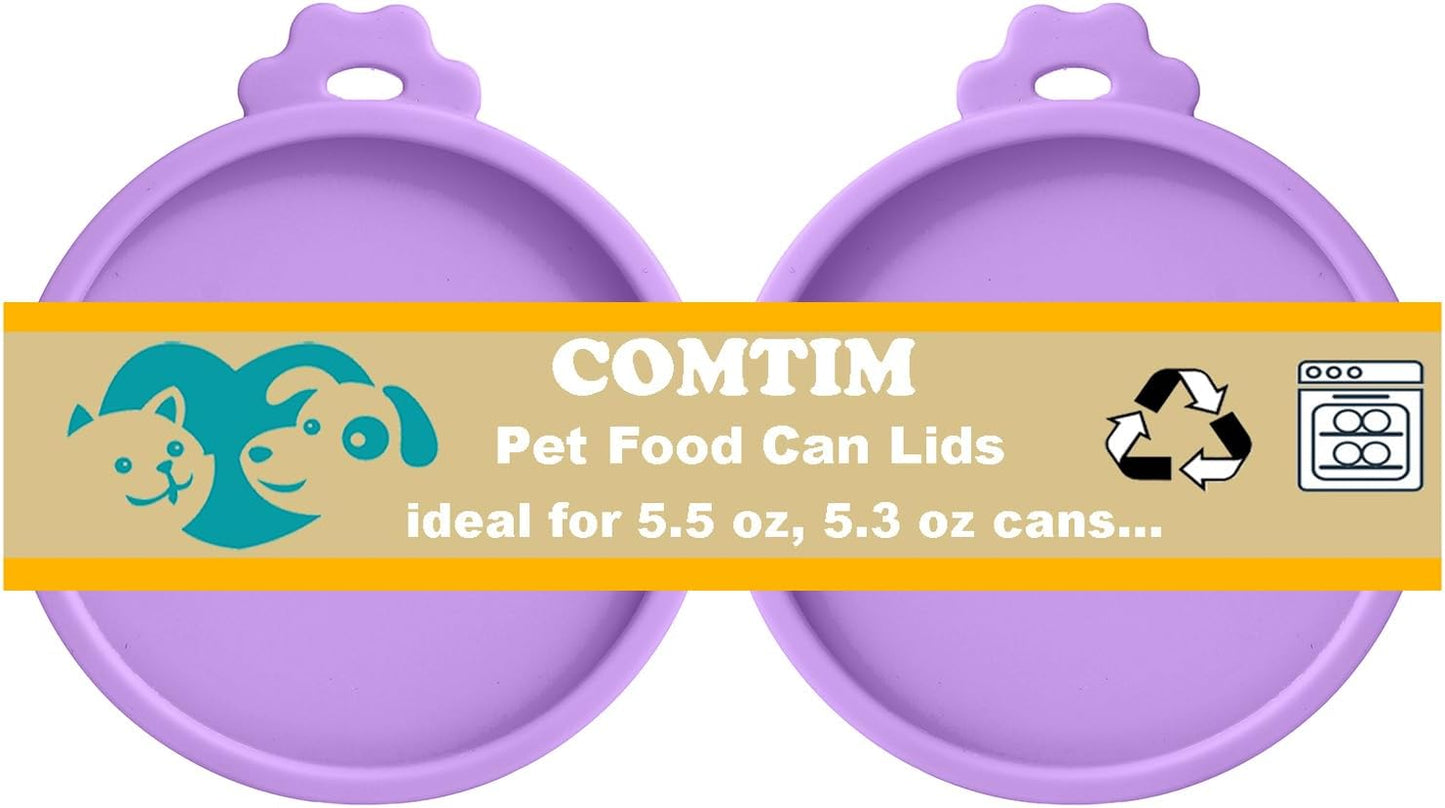 Comtim Cat Food Can Covers Lids for 5.5 oz Cans, 2 Pack Silicone Cat Food Can Lids for 5.5 oz 5.3 oz Cans...Pet Food Can Covers Reusable Can Toppers Savers for Wet Food (Lilac purple)