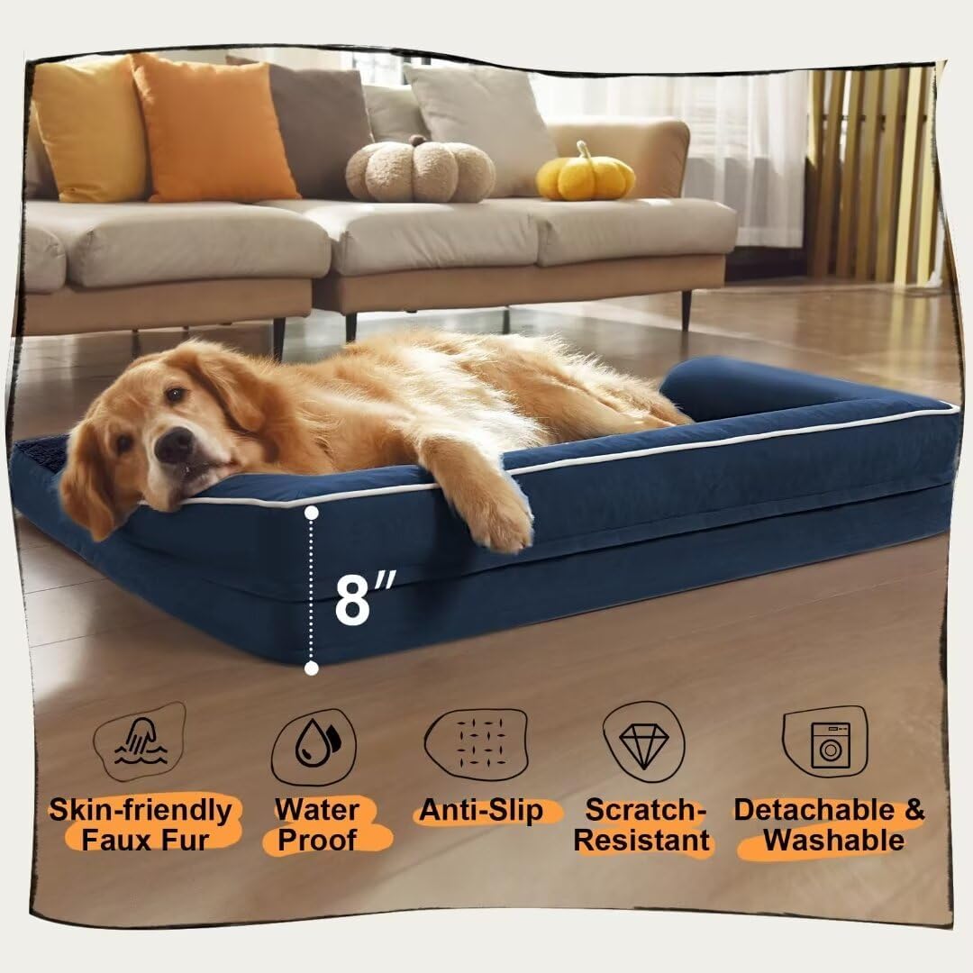 Large Dog Bed Orthopedic Washable | Beds Bolster Pet - XXL Large Big Dogs - Memory Foam - Couch Sofa - Waterproof with Removable Cover | Navy Blue Dog Bed