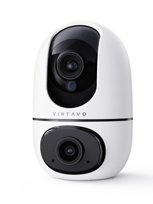 virtavo Pet Camera Indoor for Dogs & Cats, 360° PTZ Pet Monitor with Motion Tracking, Dual‑Lens, 2‑Way Audio, Night Vision, No Subscription, Wi‑Fi 6 (2.4GHz/5GHz), SD & Cloud Storage