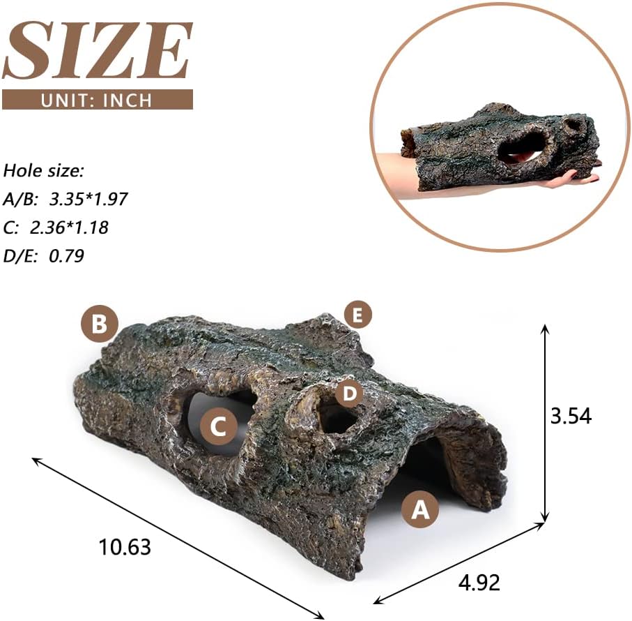 fazhongfa Reptile Hide Tree Trunk Lizard Snake Gecko Axolotl Spider Turtles Bearded Dragon Tank Accessories Large Hollow Log for Aquarium or Fish Tank Resin Wood Decorations Ornament