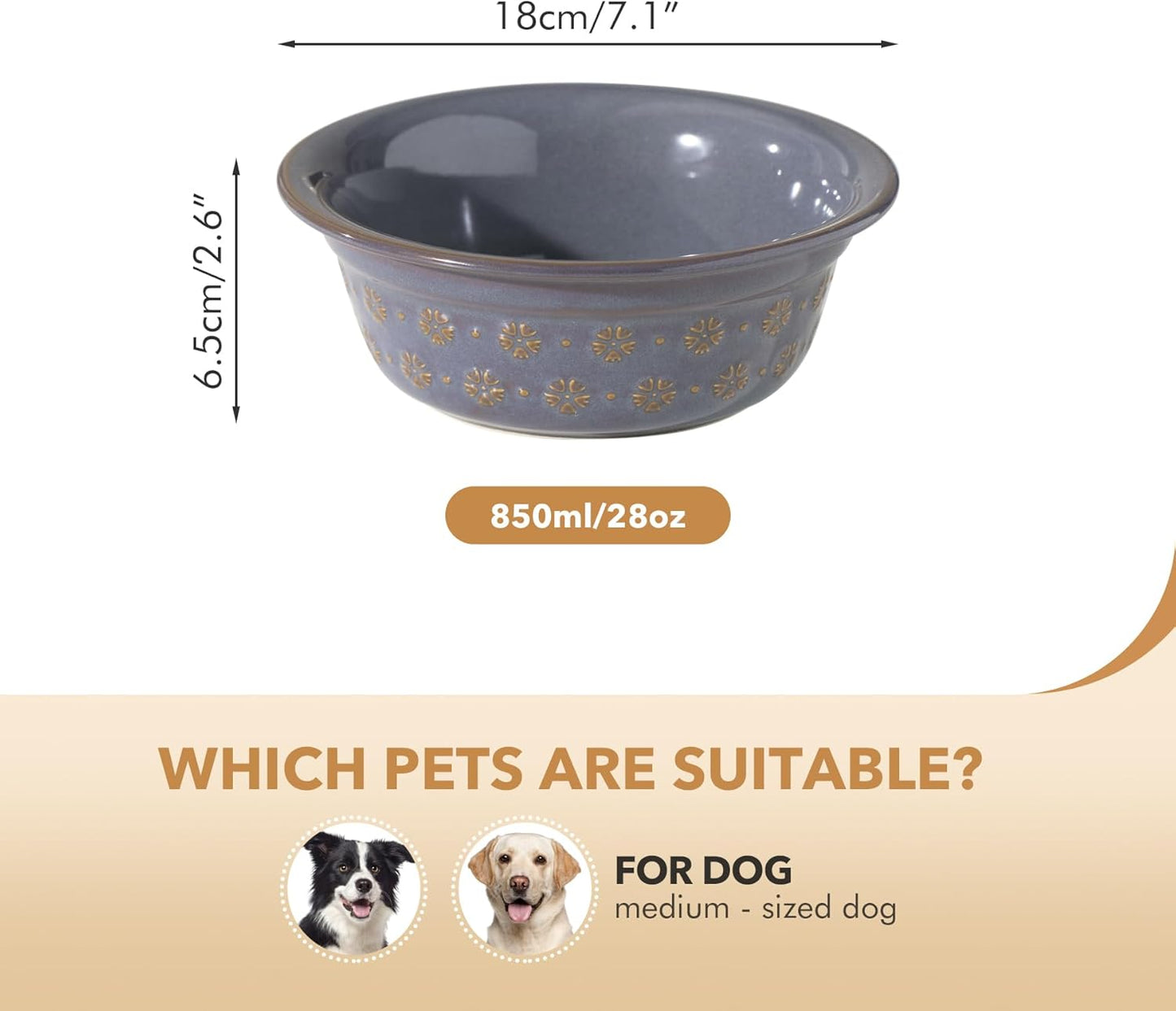 Ceramic 7.1inch Set of 2 Dog Bowls for Medium and Large Dog, 2pcs Basic Food and Water Dishes for Replacement, Wide Opening Rounded Edge (2 Bowls, Reactived Glaze -Grey)