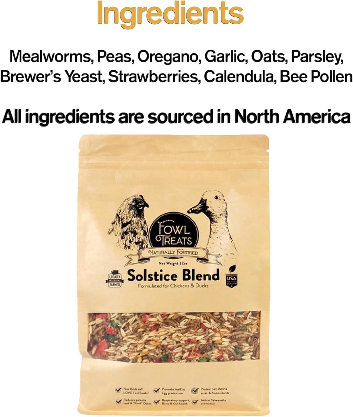 Naturally Fortified Treats – Protein Rich Supplement Suitable for Chickens, Hens and Ducks, Hand Mixed with USA Grown Ingredients – Solstice Blend – 32oz