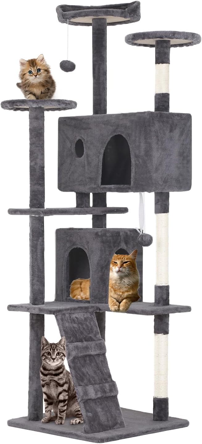 FDW Cat Tree 70in Cat Tower Multi-Level Durable Cat Scratching Post & Cozy Fun Cat Jumping Platform Space Saving Cat Condo Pet Play House for Indoor Cats,Light Gray