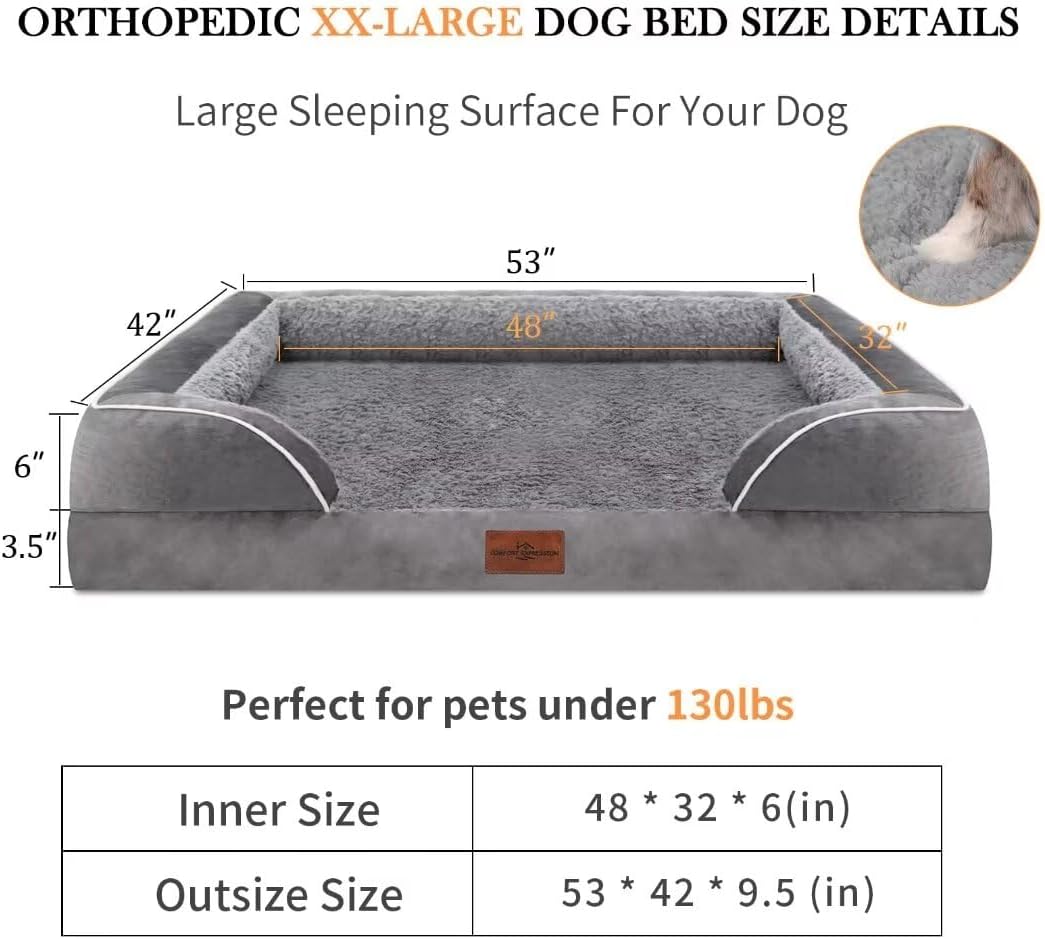 Comfort Expression Orthopedic Memory Foam Dog Beds for Giant Dogs, XXL Dogs Beds Washable, Waterproof Dog Beds with Bolster & Removable Cover(XX-Large,Silver Grey)