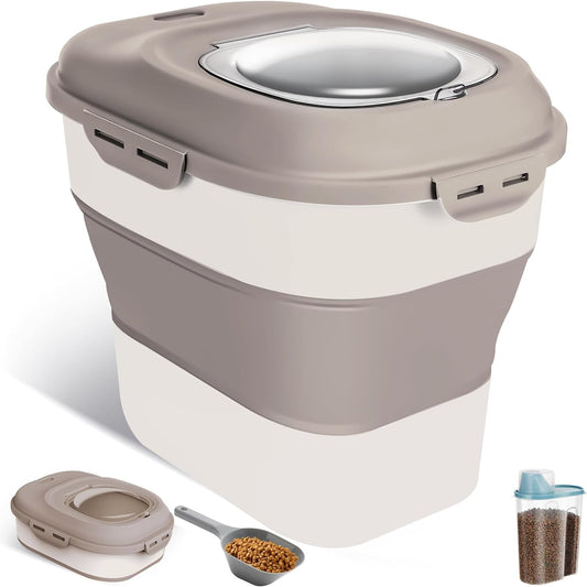 ANVS Dog Food Storage Container - Collapsible Dog Food Container with Airtight Lids, Scoop and 2.5L Small Pet Food Storage Container Dry Food For Dog, Cat and Other Pet Food (Khaki, 30 lbs)
