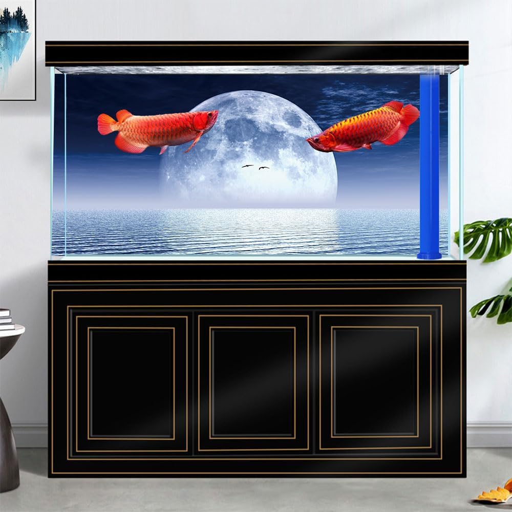 Moon Aquarium Background,Cool Sea Galaxy Parallel Space Themed Fish Tank Background, Cool Terrarium Background 48X24IN with 8 EVA Double-Sided Tape