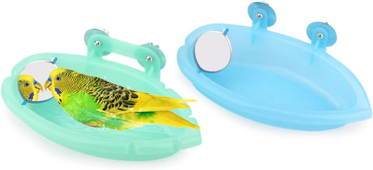 Wontee Bird Bath Box with Mirror Portable Parrot Hanging Bathroom Bathing Tub for Small Birds Cleaning Supplies (Blue(A)+Green)