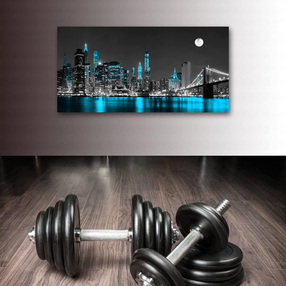 Jiuqinghua Wall Art Decor Canvas Print Picture 1 Panel Black White and Blue New York Brooklyn Bridge Cityscape Night Building Painting for Kitchen Office Home Decor Framed Ready to Hang 20x40inch