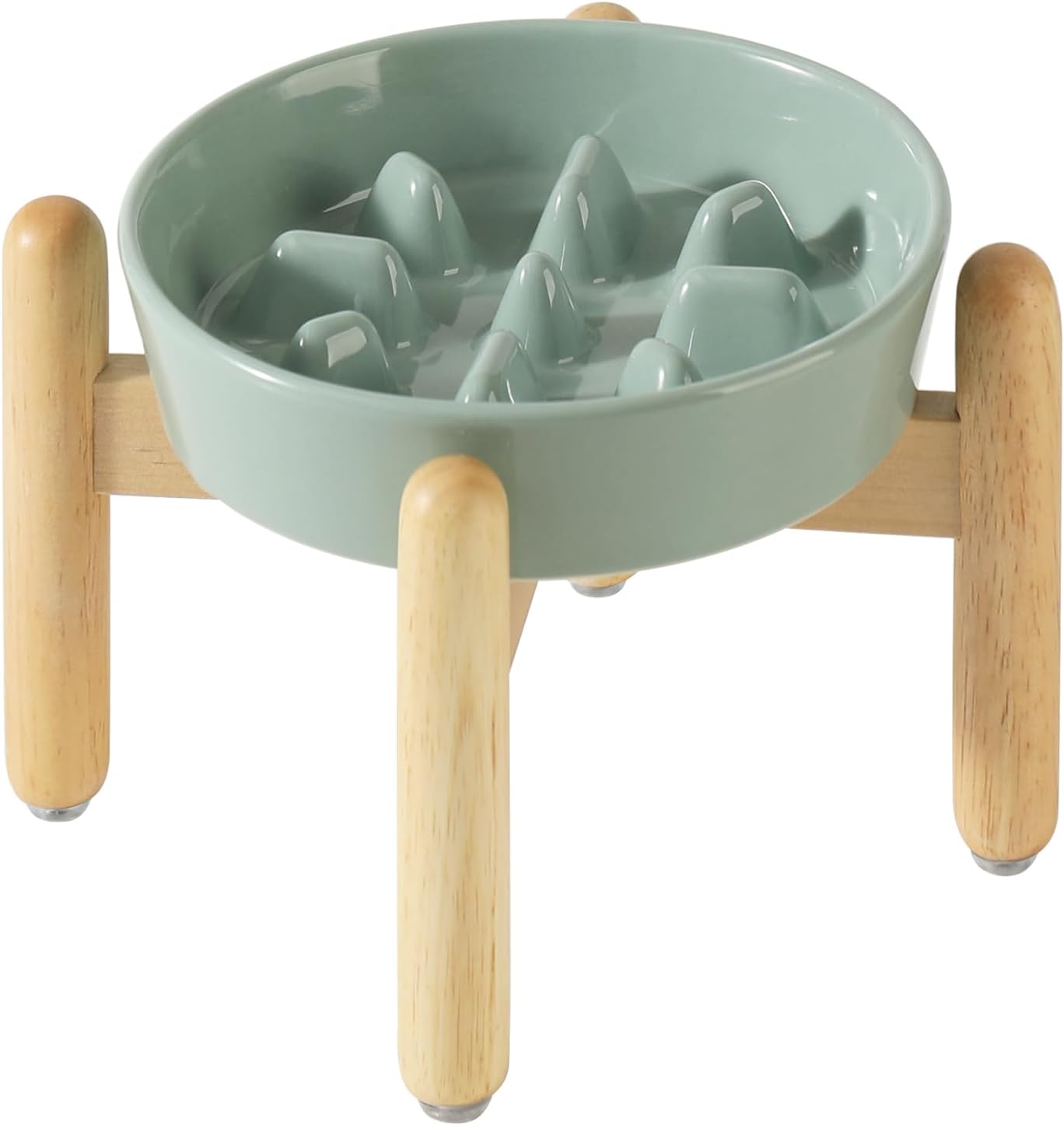 7.3inch Ceramic Dog Raised Slow Feeder Set, Elevated Bowl with Wooden Stand for Medium and Small Dog, Slow Feeder Dish for Fast Easters(Light Green, Single Bowl+ Stand)