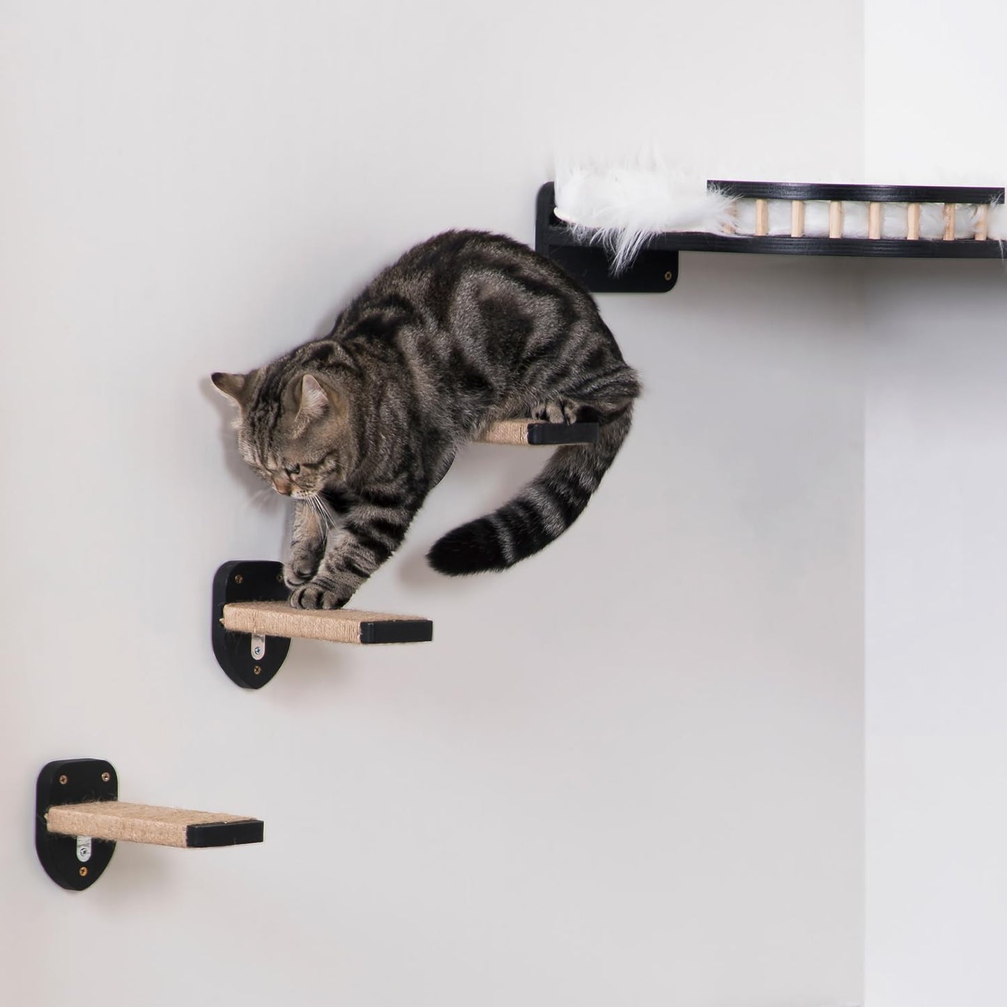 3pcs Wall Steps for Cats, Climbing Mounted Furniture, Shelves With Hemp Rope Covered, Solid Wood Ladder for Playing and Climbing (Large-Black)