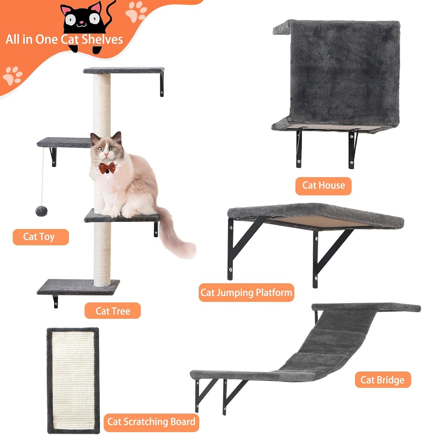 Modern Wall-Mounted Cat Furniture - 5pcs Cat Wall Shelves, Wooden Climber Includes House, Bridge, Tree, Steps, and Scratcher (Gray)