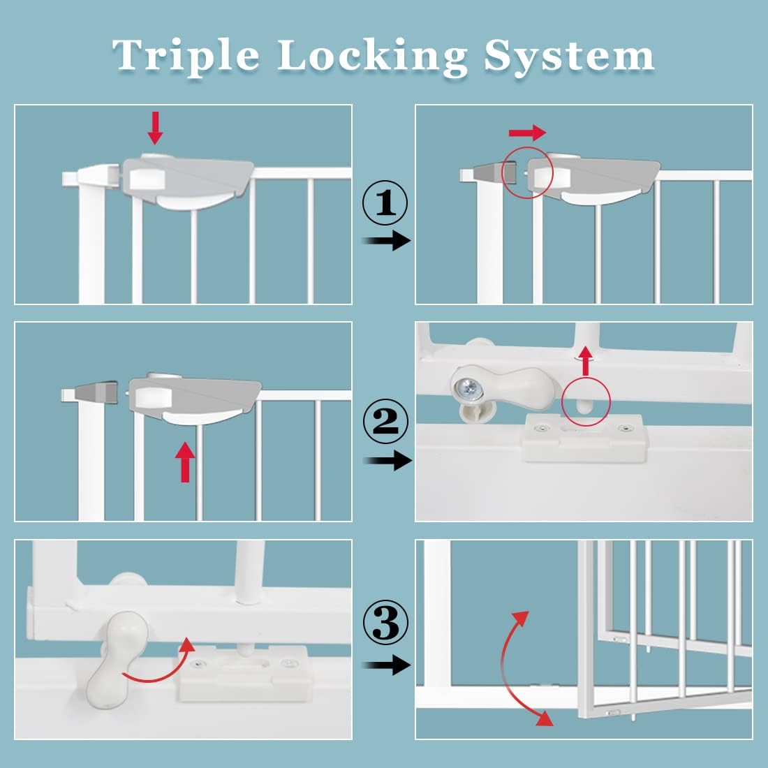 WAOWAO Triple Lock Baby Gate Extra Wide 76.77-81.49" Pressure Mounted Walk Through Swing Auto Close Safety White Metal Dog Pet Puppy for Stairs,Doorways,Kitchen