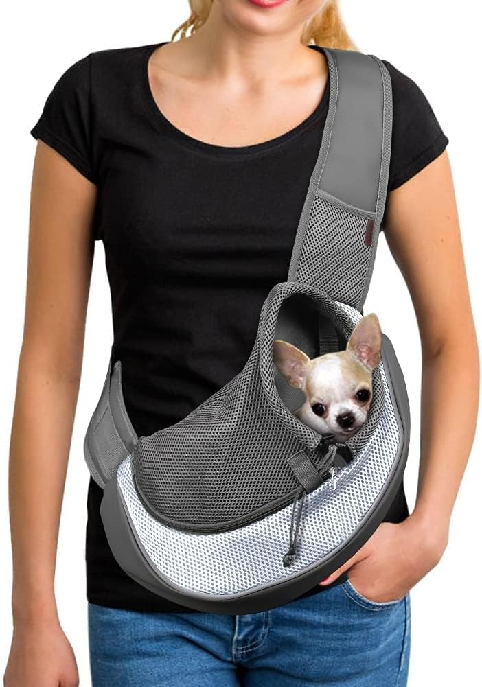 YUDODO Pet Sling Carrier for Small Dogs & Cats – Hands-Free Puppy Carrier with Safety Hook, Large Zipper Pocket, Soft Breathable Mesh, Adjustable Strap & Reflective Strip (Gray 1.0 S)
