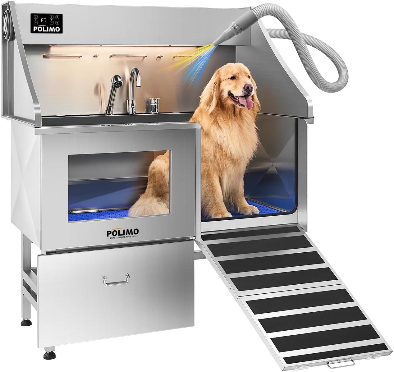 polimo Dog Washing Station with Dryer & LED, Professional Stainless Steel Grooming Tub, Dog Bathtub for Large, Medium & Small Dog, w/Window, Ramp, Drawer, Floor Grate &Fauct （Right RAMP & Dryer, 50"）