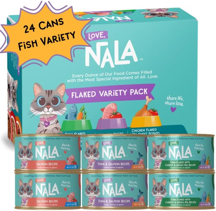 LOVE, NALA - FLAKED Fish Variety Pack - 24 Pack - Natural Adult Cat Wet Food - Grain Free, Non-GMO, Lean Protein, Omega 3, Added Minerals & Vitamins