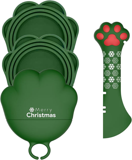 Christmas Pet Set - 3 Cat Food Can Lids & 1 BPA-Free Opener | Cute Paw Shape Can Covers and Opener Spatula Spoon for Wet Food | Silicone Spoon & Covers for Dog Cat - Paw Green