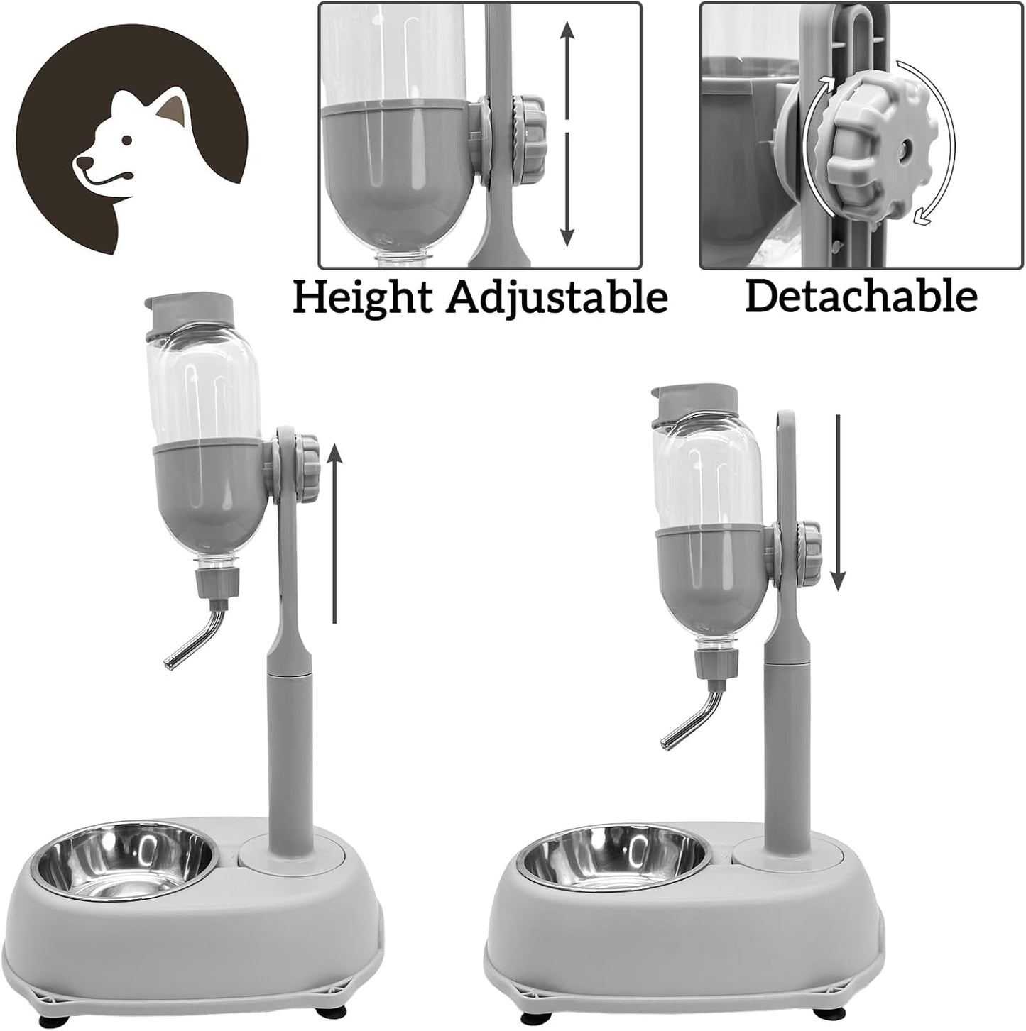 Fhiny Dog Water Feeder Bottle with Stand, Dispenser Automatic Water Food Bowl for Cage Leak-Proof No-Drip Adjustable Raised Pet Slow Water Bottle Dog Kennel Durable Drinker Container