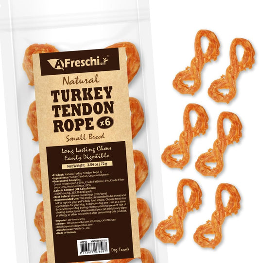 AFreschi Turkey Tendons for Dogs, USA-Sourced, Healthy Dog Treats, Rawhide-Free Puppy Chews, Long Lasting, All Natural, Hypoallergenic Dog Treats for Small Breeds, 6 Count Pack Rope (S)