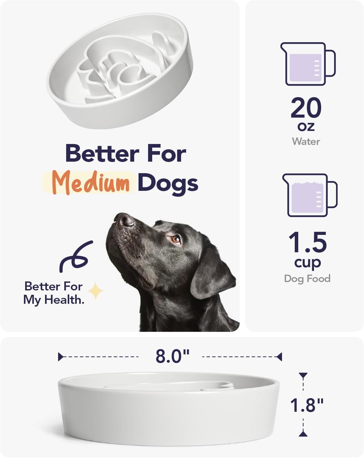 LE TAUCI Dog Bowls Slow Feeder Ceramic, 1.5 Cups Slow Feeding Dog Bowl Small Medium Breed, Puppy Bowl for Fast Eaters,Angel White