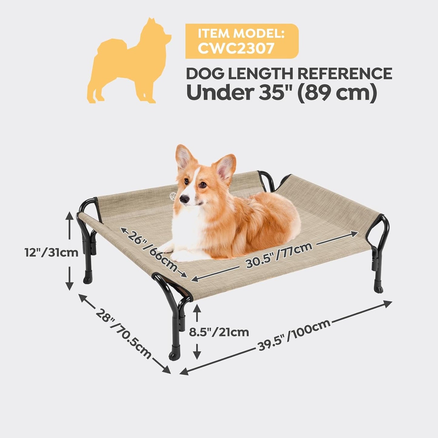Veehoo Medium Elevated Dog Bed, Guardrail, Non-Slip, Teslin Mesh, 35"L x 26"W x 11"H, Beige Coffee