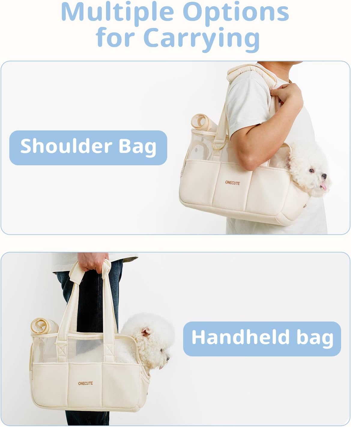 Dog Purse Carrier for Small Dogs Rabbit cat with Large Pockets, Cotton Bag, Dog Carrier Soft Sided, Collapsible Travel Puppy Carrier (Beige Breathable, 13.6" L x 6.5" W x 10.0" H)