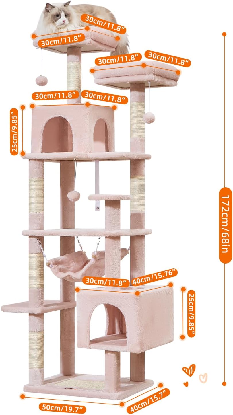 Taoqimiao Cat Tree, 68-Inch Cat Tree Cat Tower for Indoor Cats, Plush Multi-Level Cat Condo with 6 Scratching Posts, 2 Perches, 2 Caves,Hammock, 3 Pompoms,MS020SP Jelly Pink