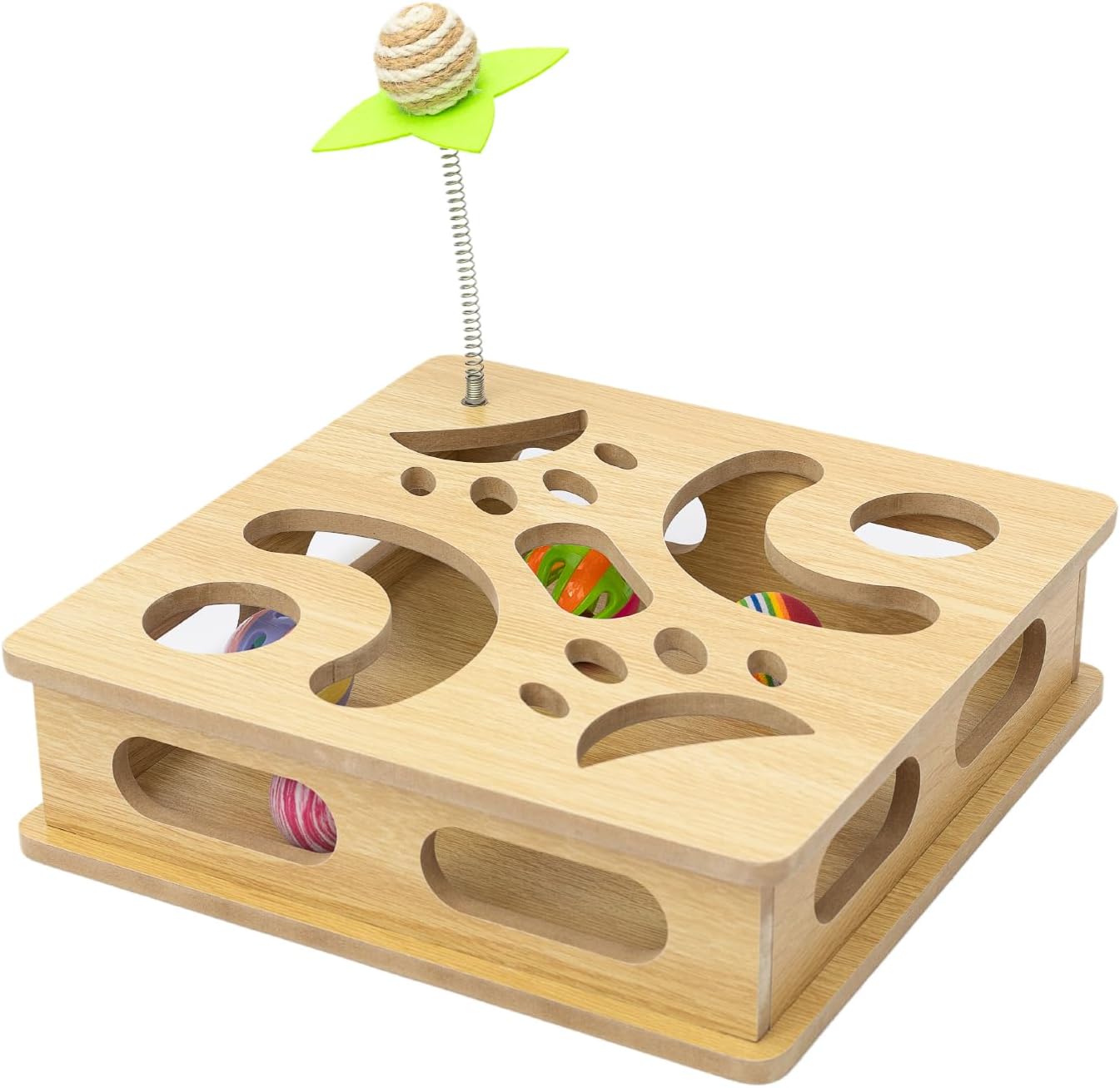 Interactive Wooden Cat Puzzle Toy Box Indoor Hunting Play Toy to Stimulate Your Cat’s Energy and Instincts (Burlywood)
