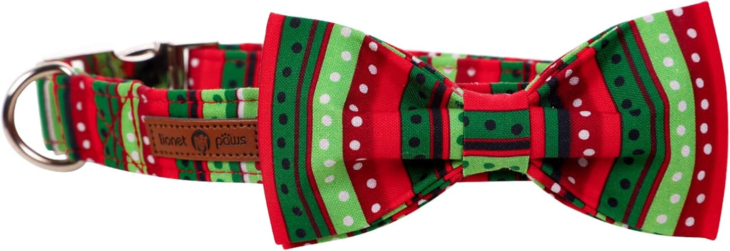 Lionet Paws Dog Collar with Bowtie, Detachable Bowtie for Dressing Up, Cotton Material, Red&Green Dot, Small, Dog, Cat, All Breeds, Extra Small, Buckle Closure, 7-11 inches