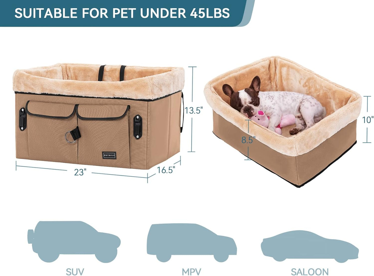 Petsfit Dog Booster Car Seat for Medium Dog or 2 Small Dogs with Patent Buckles, Washable Pad, Upgraded Pet Car Seat for Dogs Up to 45 lbs (Medium, Tan)