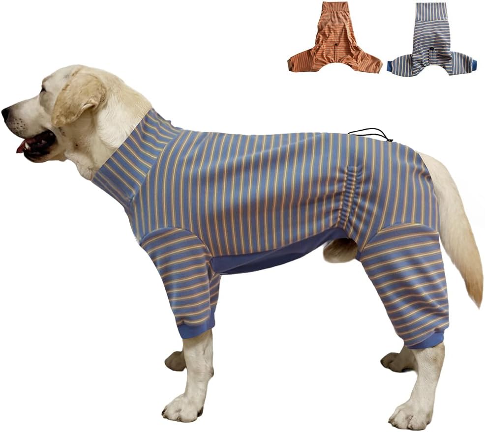 Dog Pyjamas PJS Sweater Clothes and Home Clothing Suitable for Large to Giant Breeds of Dogs, Dog Surgery Recovery Suit, Extra-Large Stretch Fabric, Four-Legged (Thickened Blue Stripes, L)
