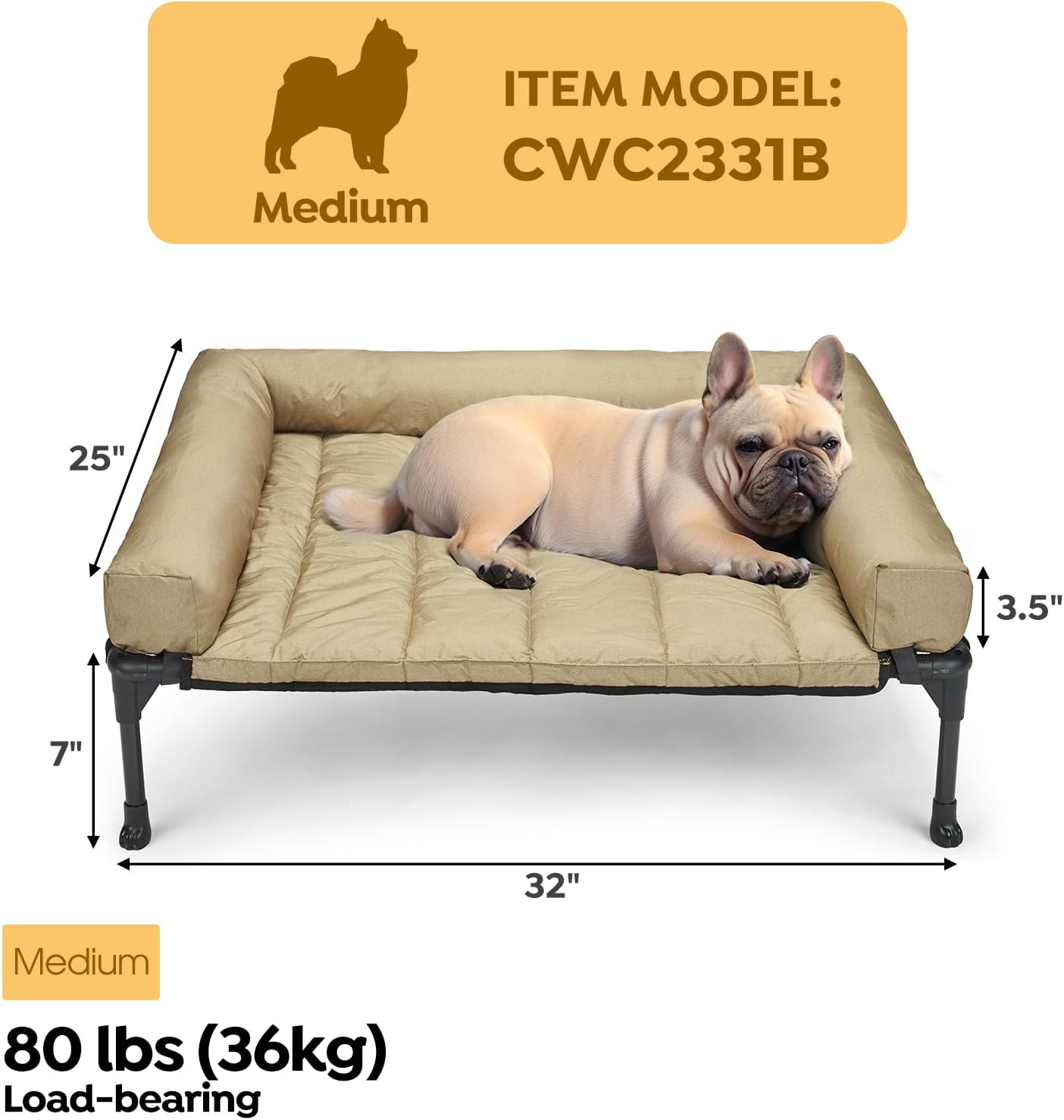 Veehoo Cooling Elevated Dog Bed Add Removable Waterproof Bolster Cushion Mat, Raised Pet Cot with Breathable Teslin Mesh, No-Slip Feet, Dog Couch Bed for Indoor Outdoor, 32x25inches, Beige, CWC2331B