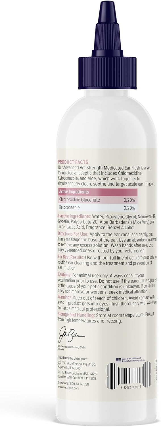 Vetnique Oticbliss Advanced Strength Medicated Dog Ear Infection Treatment, Antiseptic Ear Cleaner for Cat & Dog Ear Cleaning Solution Chlorhexidine & Ketoconazole (6oz Flush)