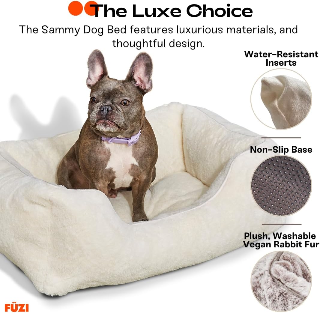FUZI Luxury Aesthetic Dog Bed for Large Dogs with Washable Cover, Pet Couch, Pet Bed with Sides, Non-Slip Bottom, Soft and Durable Calming Dog Bed, Faux Rabbit Fur, Large 35.6x28.5x9.5 Soft White