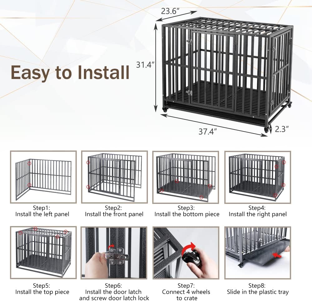 LUCKUP Heavy Duty Dog Crate-38 inch Large Metal Dog Cage with 2 Doors and 4 Wheels, Stackable Dog Kennel for Large & Medium Dogs, Removable Tray