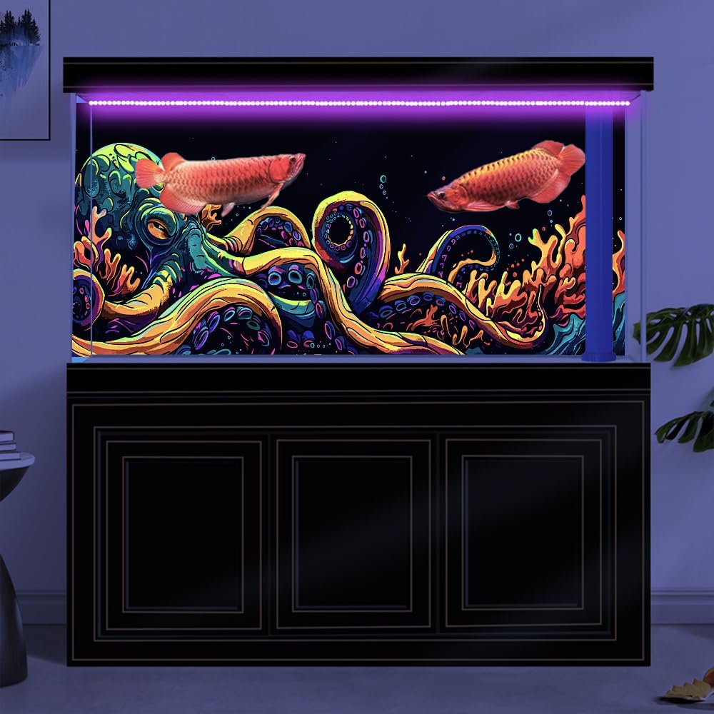 48X18IN Blacklight Octopus Sea Monster HD 3D Black Light Aquarium Background UV Reactive Background Terrarium Background with 10 EVA Double-Sided Tape